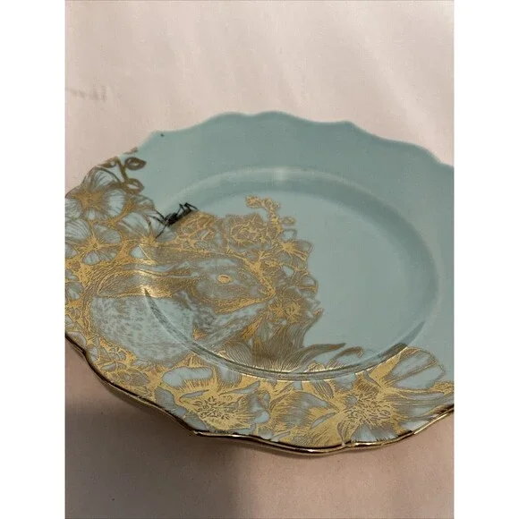 222 FIFTH GARDEN PLAYTIME BUNNY GOLD & TURQUOISE 8.5" Salad Plate - Picture 3 of 9